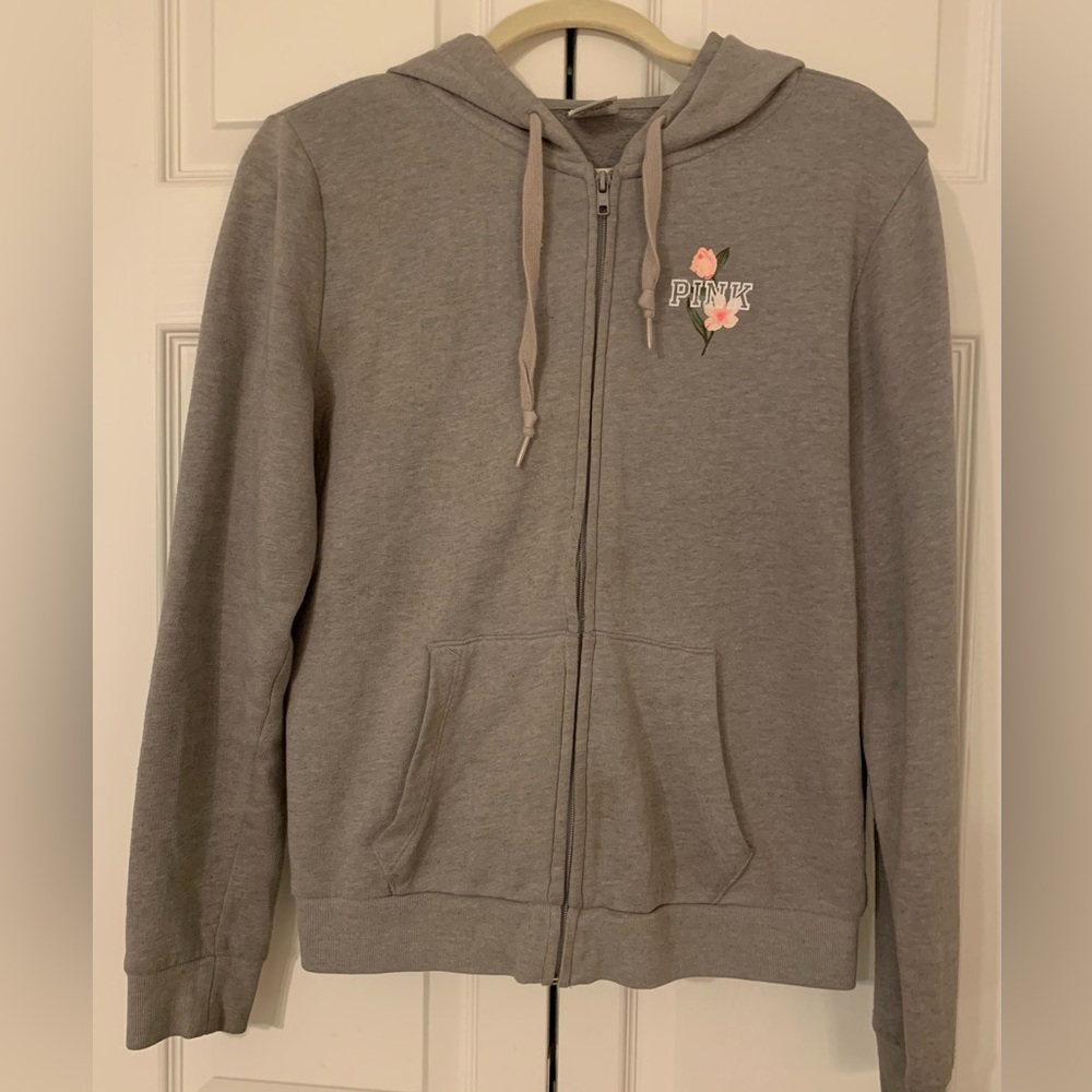 Victoria's Secret Gray Full Zip Hoodie with Floral Logo Size Medium